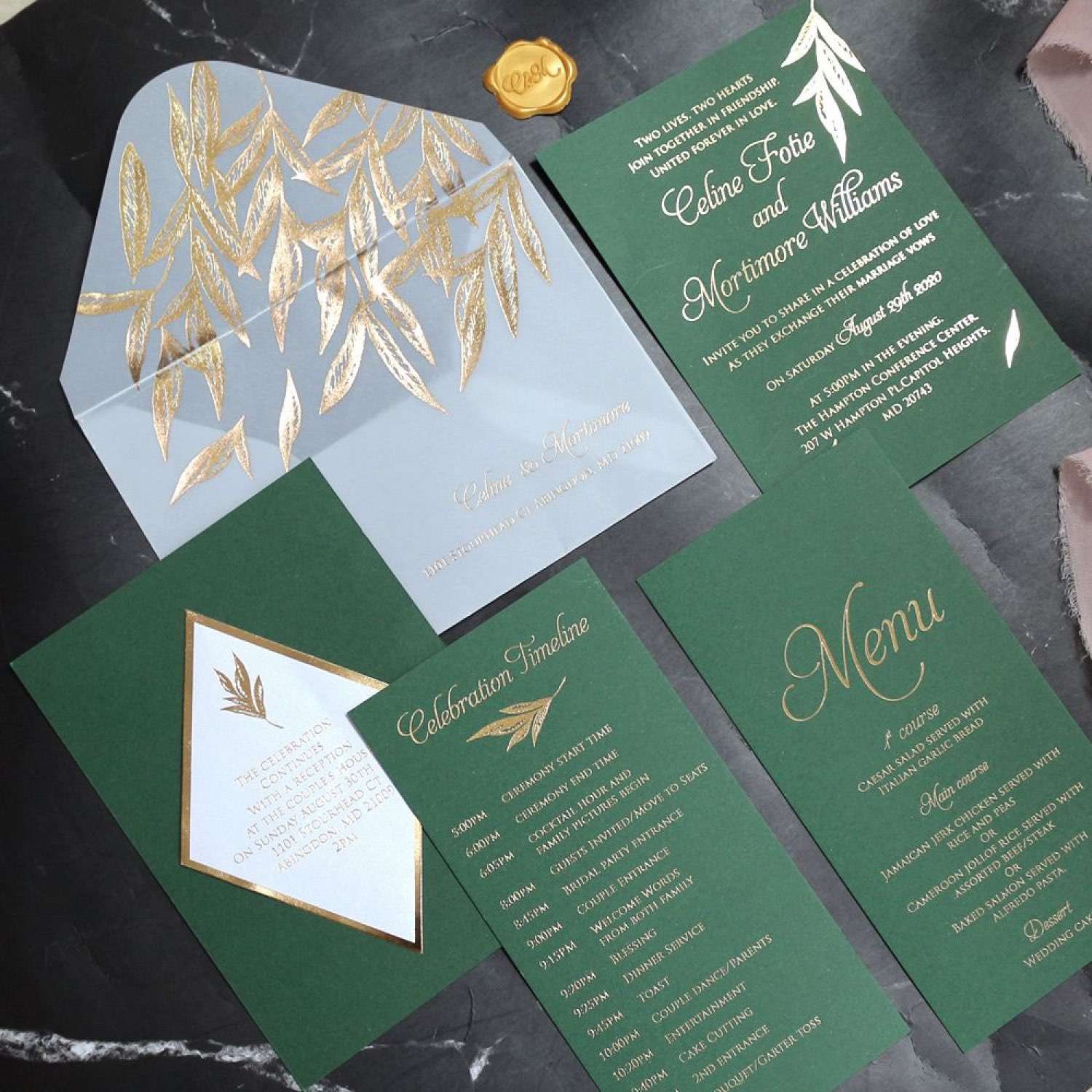 Olive Green Wedding Invitation with Vellum Paper Envelope Customized Content